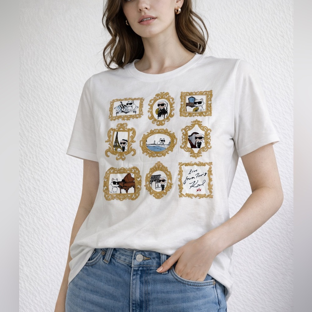 0167.NEW Karl Lagerfeld Graphic White T-Shirt with Gold Frame Design